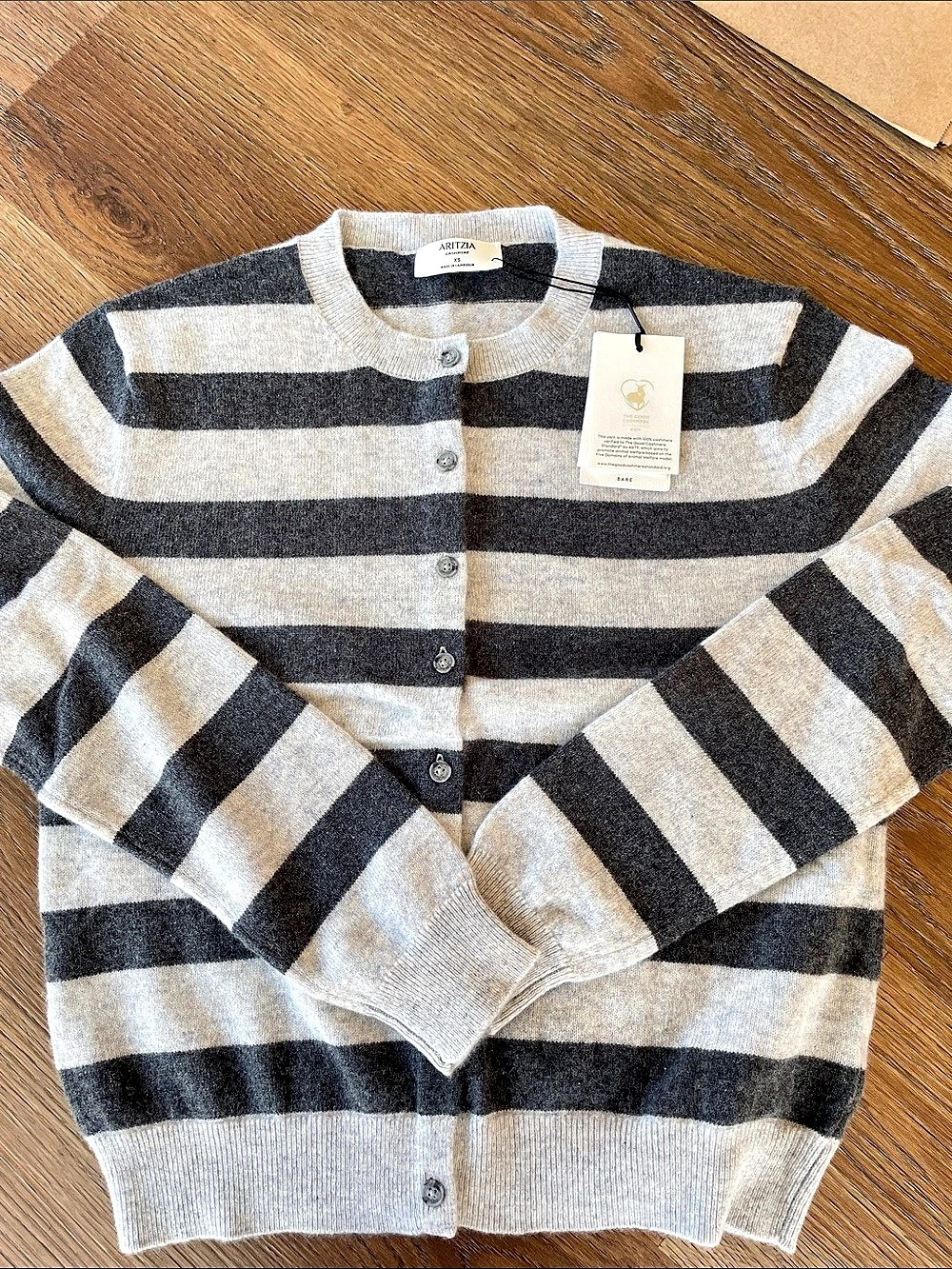 Aritzia Cardigan Striped Cashmere Gray & White XS
